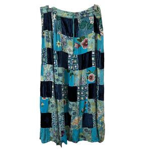 Vintage Midnight Run Blue Patchwork Maxi Skirt Boho Broomstick Mixed Print Sz M